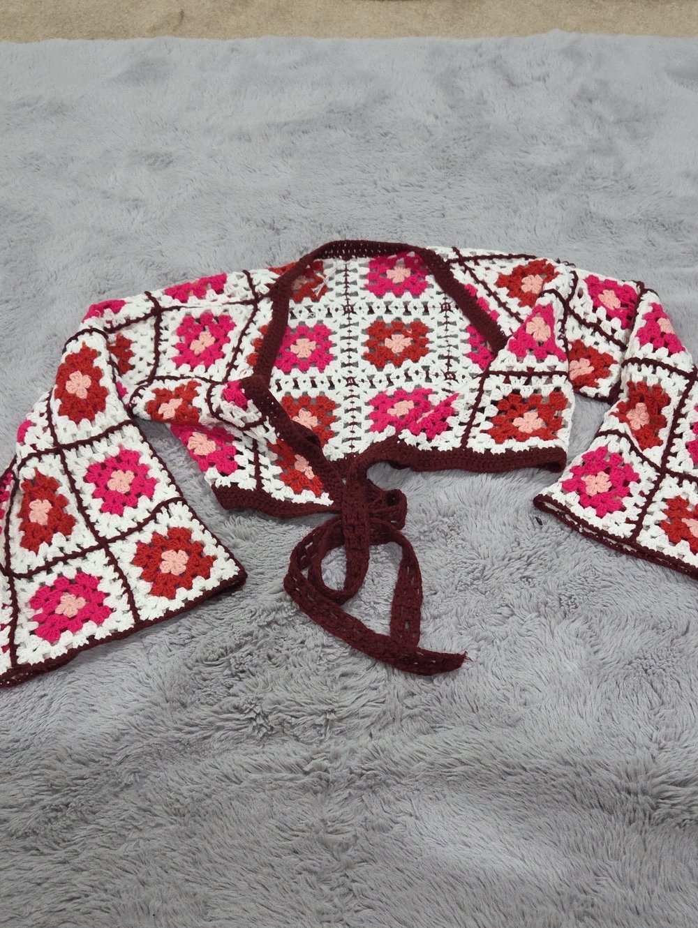 Vintage Floral Crochet Shrug - Pink, Red & White